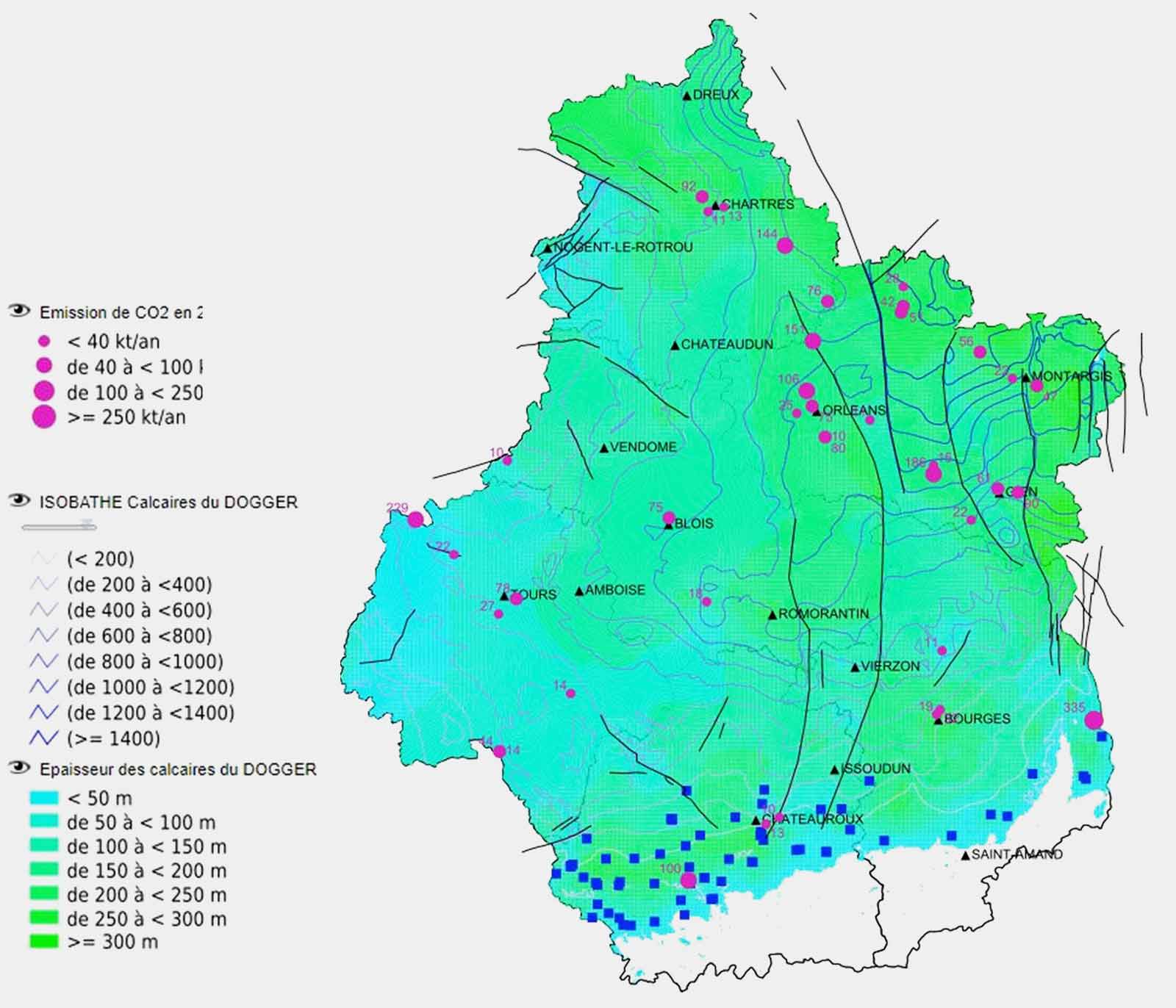 Carte extraite du Système d’information géographique réalisée dans le cadre du projet GEOCO2 montrant les températures de la ressource géothermale dans l’aquifère du Dogger et la localisation des émetteurs industriels de la région Centre-Val de Loire. © BRGM
