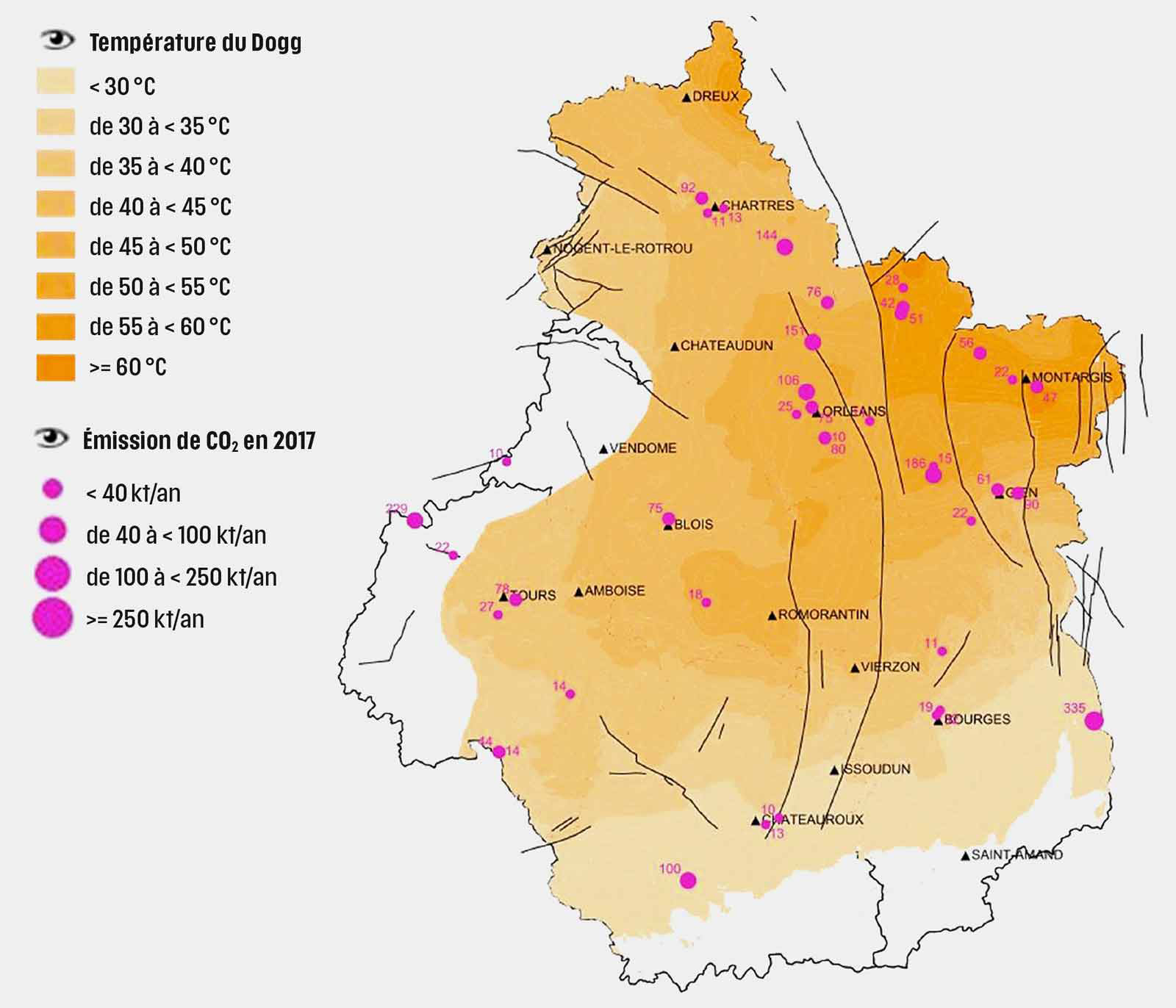 Map taken from the Geographic Information System developed as part of the GeoCO2 project, showing the temperatures of the geothermal resource in the Dogger aquifer and the location of industrial emitters in the Centre-Val de Loire region. The numbers next to the pink circles indicate the annual amount of CO2 emitted (in thousands of tonnes per year). © BRGM Map taken from the Geographic Information System developed as part of the GeoCO2 project, showing the temperatures of the geothermal resource in the Dogger aquifer and the location of industrial emitters in the Centre-Val de Loire region. The numbers next to the pink circles indicate the annual amount of CO2 emitted (in thousands of tonnes per year). © BRGM