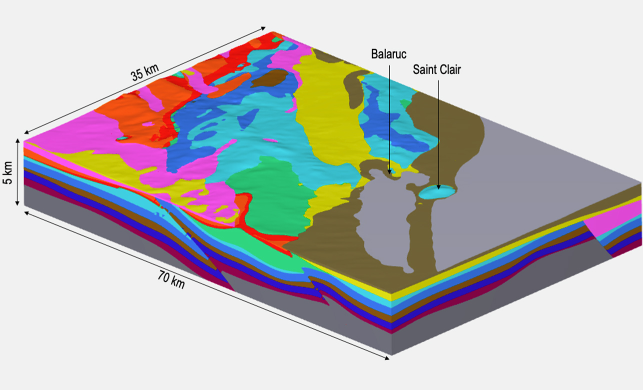L’intégration de l’ensemble des données géologiques historiques avec les nouvelles données acquises par le projet et géophysiques a permis de construire un modèle géologique 3D de la zone Dem’Eaux Thau grâce à l’outil Geomodeller. © BRGM
