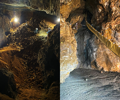 Vue de l’intérieur de la grande salle de la mine du Pradal, avant (à gauche) et pendant (à droite) son comblement par injection de béton. © IGECAV