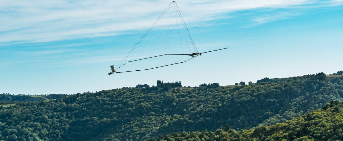 Geophysical data are collected primarily through airborne surveys like this one in the Massif Central. © Alexandre Magnan