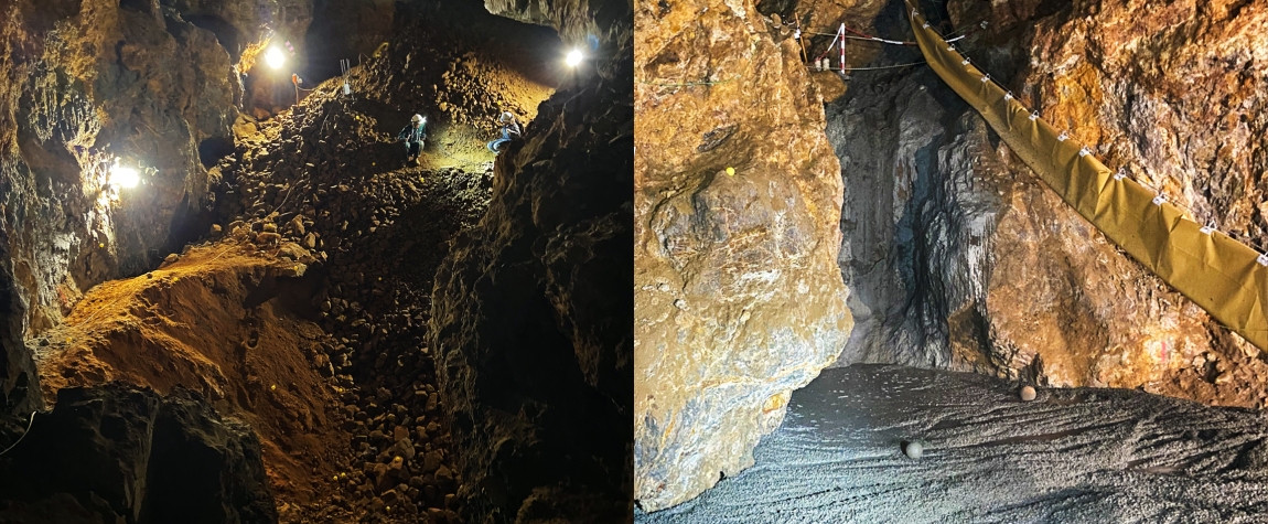 A view of the interior of the main chamber of the mine in Le Pradal, before (left) and during (right) its infilling with concrete. © IGECAV