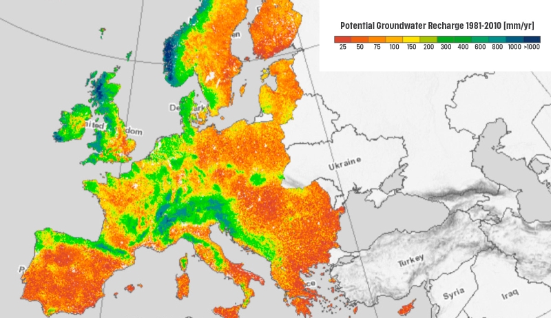 Exemple de résultat intégré dans EDGI : la carte européenne de la recharge potentielle. © GeoERA