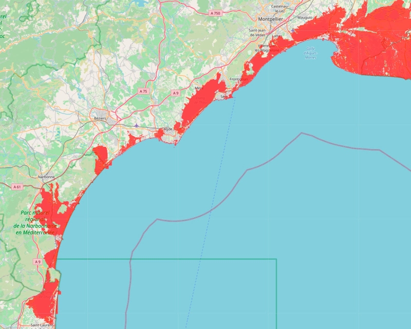  Exemple de carte réalisée via le portail CoCliCo. Ici, carte des zones basses, situées en deçà de la marée haute à laquelle a été superposée 1 m d’élévation du niveau de la mer. © BRGM