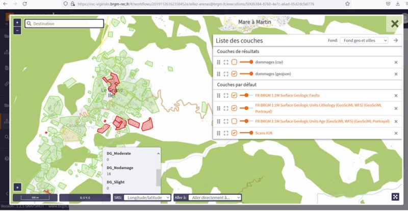​ La plateforme Vigirisks a pour but d’anticiper et d’estimer rapidement les dommages lors d’un événement naturel. Elle permet à l’utilisateur de programmer plusieurs paramètres afin de générer des scénarios d’aléas et de risques variables. © BRGM 