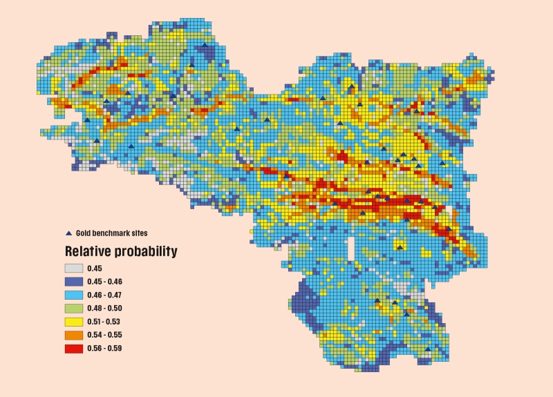 Example of a map showing the probability of gold deposits in Brittany, obtained with the DROP tool, which was awarded the BRGM innovation prize. © BRGM