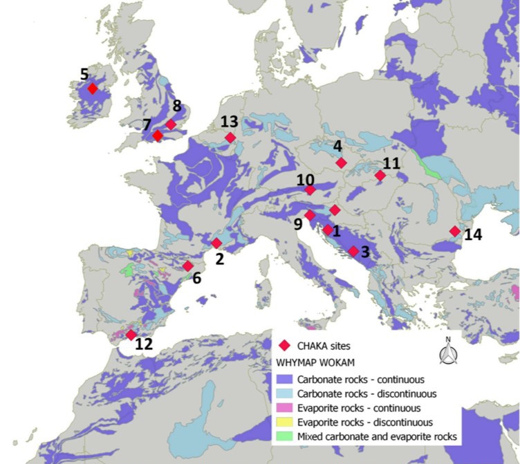 European map of carbonate rock aquifers with the location of the CHAKA sites studied as part of the project. © GeoERA