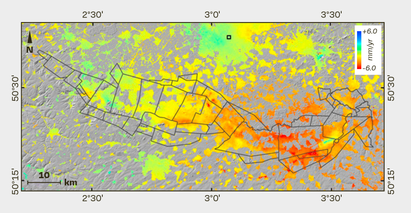 Carte des vitesses de déplacement vertical du sol – bassin houiller du Nord-Pas de Calais – période 2015-2018 (données Sentinel-1). © BRGM