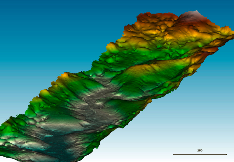 Modèle numérique de terrain d’une vallée alluviale, obtenu par acquisition lidar par drone en contexte forestier (crique Georgeon, Guyane). Rapport BRGM/RP-72082-FR. © BRGM