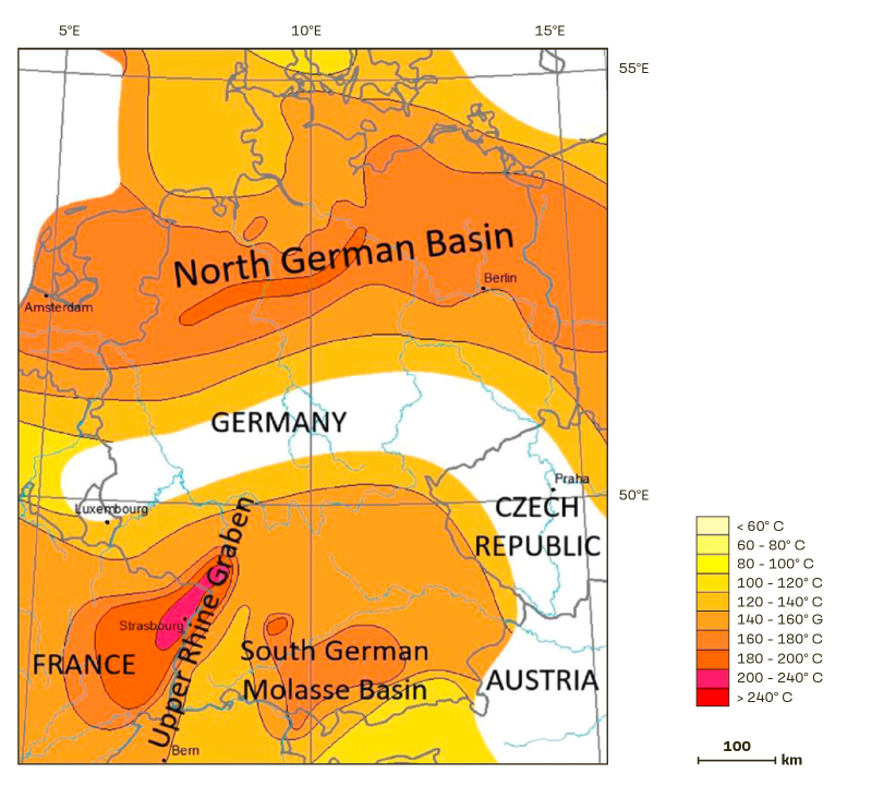 Carte de températures extrapolées à 5 km de profondeur (d’après Hurtig et al., 1992). © BRGM