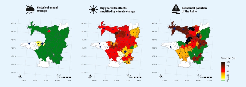 Maps showing shortfalls in drinking water supplies in August based on different scenarios and with demand continuing to rise through to 2050 (green = no shortfall, red = 50% shortfall, black = 100% shortfall). © BRGM
