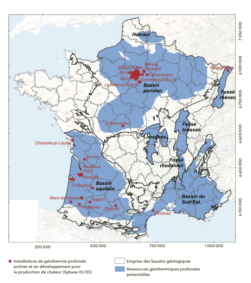 Carte des ressources géothermiques profondes potentielles et des installations de géothermie profonde actives et en développement pour la production de chaleur. © BRGM