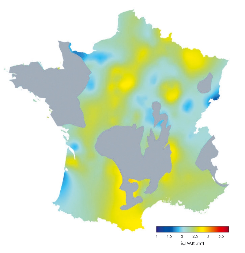 Estimation of the thermal conductivity of the subsurface over a depth of 100 m, one of the parameters required to calculate an energy label for the subsurface (shaded areas currently being assessed). © BRGM