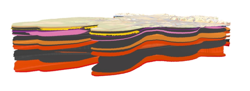 Geological model of the Bordeaux Metropolitan area representing the subsurface to a maximum depth of 660 m. The layers shown are: in colour, the roofs of the main aquifers that make up the aquifer geothermal resources; in black, the roofs of the main low-permeability formations. © BRGM