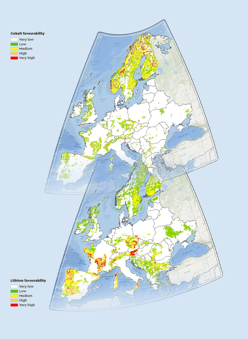 Favourability map for cobalt mineralisation in Europe (preliminary version), obtained using the Disc Based Association (DBA) method as part of the Geological Service for Europe (GSEU) project. © BRGM