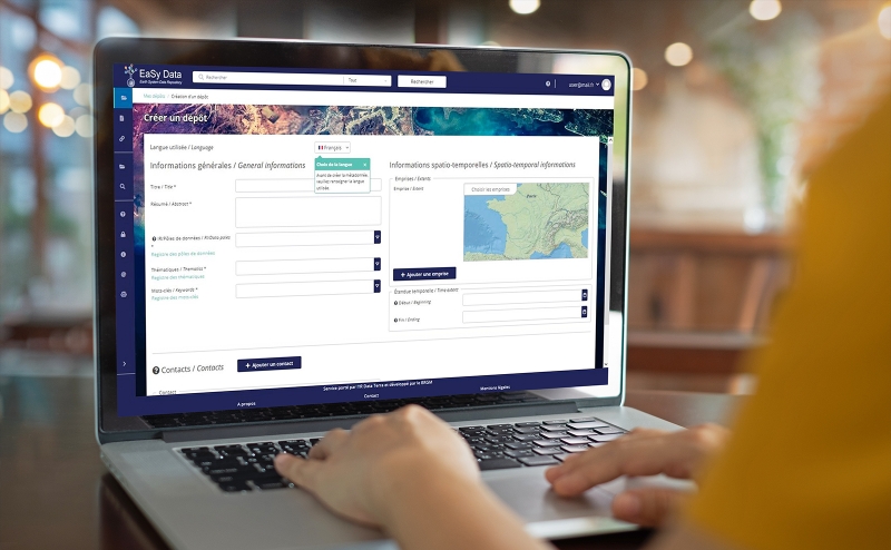 The data entry interface for the dataset description allows users to enter the necessary information easily, in French and/or English. Depositors identify themselves using their ORCID or Renater ID, or by creating an account. © BRGM