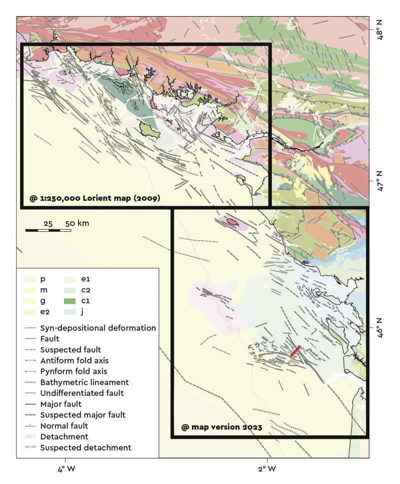 Summary map of tectonic structures (version 2023) identified on the Atlantic-seaboard continental shelf, primarily based on the interpretation of seismic-reflection profiles. The structural diagram for southern Brittany is taken from the 1:250,000 geological map (Lorient sheet) produced in 2008. The diagram concerning the area off the Charentes coast is currently being produced. © BRGM