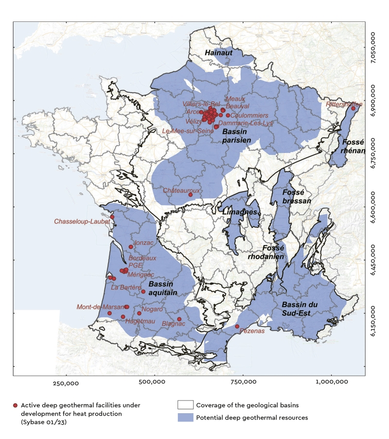 Map of potential deep geothermal resources and active deep geothermal facilities under development for heat production. © BRGM