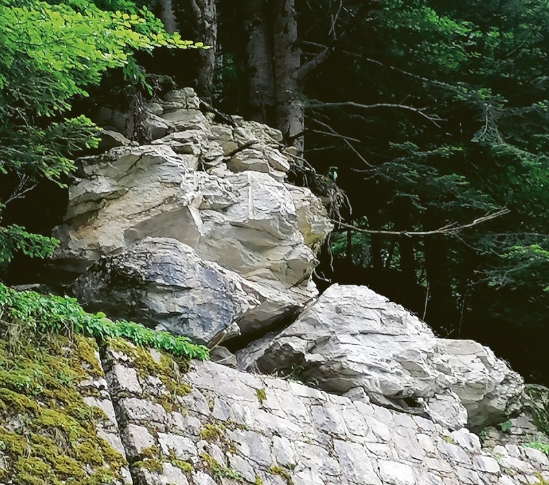 Blocks of rock that have slipped down to the edge of the retaining wall above the road in Artouste. © BRGM