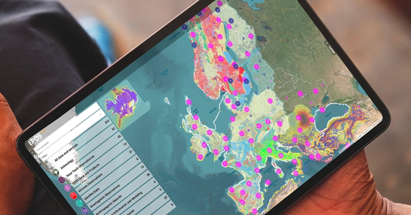 Thematic data services on the EPOS map portal. The pink circles are groups of geodetic measurement stations. The grey circles show groups of magnetotelluric measurement stations.  © EPOS ERIC