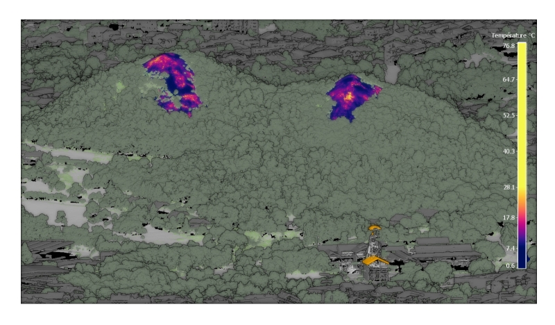 Les orthophotographies thermiques des terrils de Couriot, à Saint-Étienne (42), fournissent une estimation de la température en surface. © BRGM