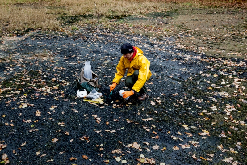 Échantillonnage de résidus de brûlage de munitions chimiques ex-allemandes sur le site dit « la place à gaz » dans la forêt de Spincourt, dans le département de la Meuse. © BRGM