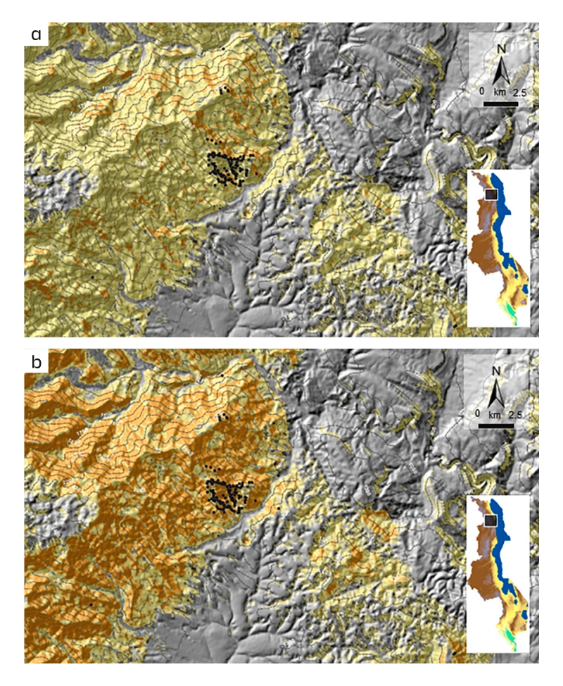 Cartes de l’aléa glissements de terrain pour des périodes de retour de 10 ans (a) et 50 ans (b), pour les événements climatiques de type cyclone intense, comme Idai en 2019. © BRGM
