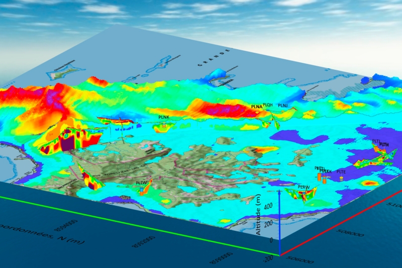 Jeu de données disponibles pour l’implantation de forages d’eau souterraine dans le secteur nord-ouest de Mayotte : TRE 2024 et anciennes, modèle 3D AEM et forages hydrogéologiques. © BRGM