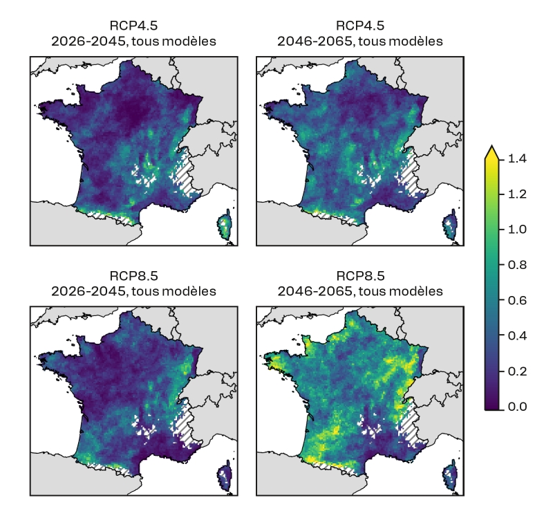 Quel que soit le scénario climatique retenu, les projections montrent que la fréquence et l’intensité des sécheresses favorisant le retrait-gonflement des sols sont amenées à augmenter. © BRGM