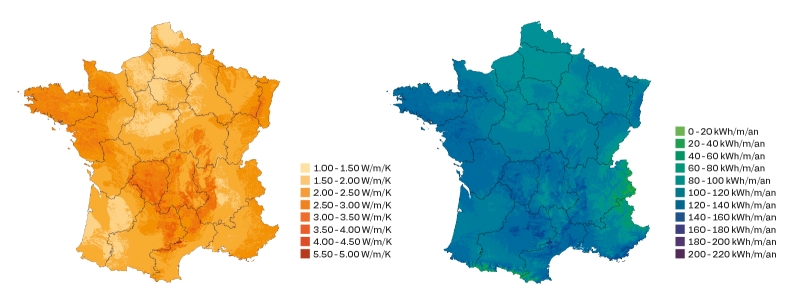 À gauche : carte de la conductivité thermique des terrains sur 100 mètres d’épaisseur.  À droite : carte de l’énergie extractible par mètre de sondes de 100 mètres de profondeur. © BRGM – DGEC