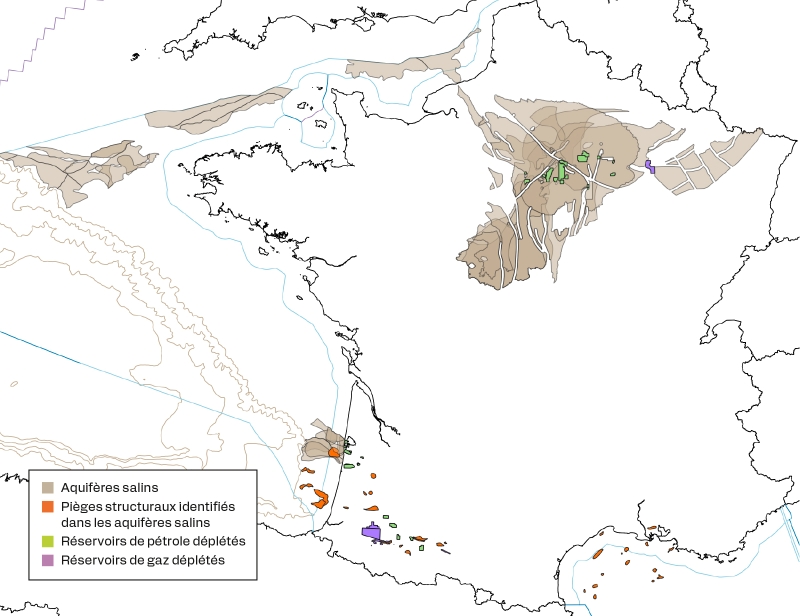 Les zones potentielles de stockage géologique de CO2 étudiées dans EVASTOCO2. Au total, 4 700 millions de tonnes de CO2  pourraient être stockées dans le sous-sol métropolitain. © BRGM