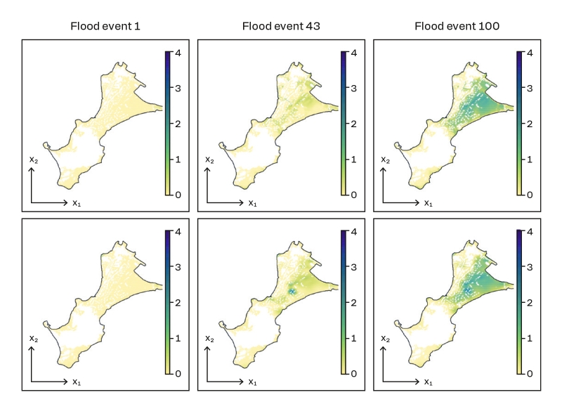  Comparaison des cartes prédictives d’inondation simulées numériquement (haut), pour trois événements, avec les résultats issus de modèles de machine learning (bas), sur le site de Gavres en Bretagne (projet ANR RISCOPE).  © BRGM