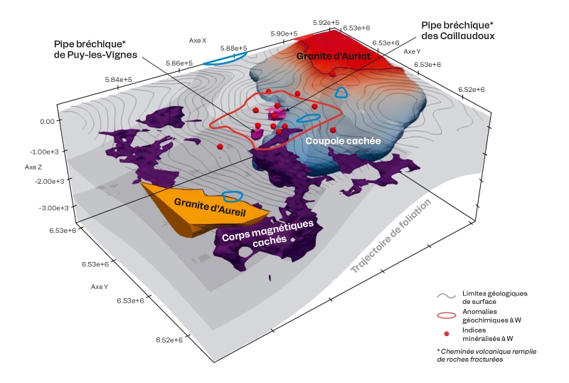 Modèle géologique 3D du district de Puy-les-Vignes (87) basé sur l’interprétation combinée des données géologiques de terrain et de géophysique aéroportée. © BRGM