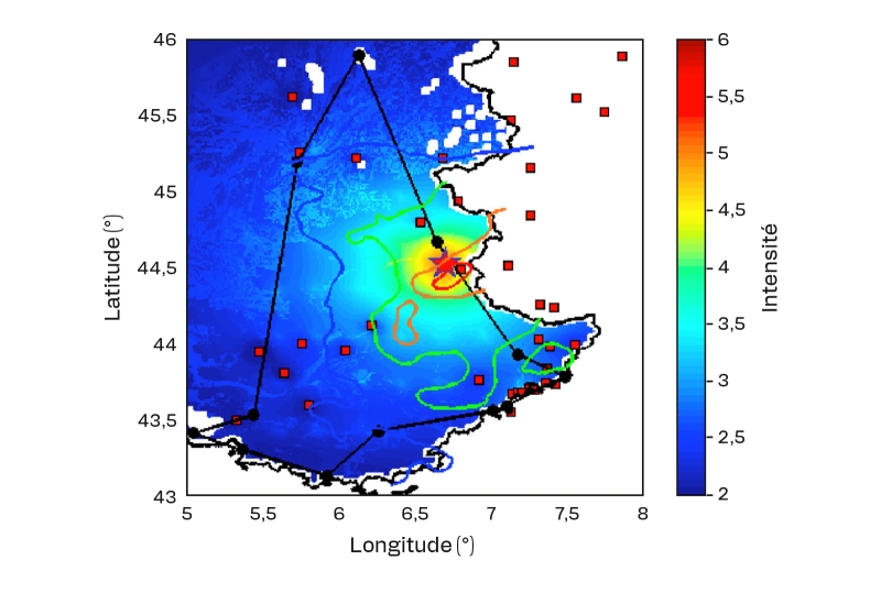 L’apport complémentaire des données issues des réseaux sociaux et des mesures instrumentales permet de produire une cartographie plus précise du séisme : délimitée en noir, la zone où il a été ressenti, d’après les témoignages recueillis sur Twitter ; en rouge, orange, vert et bleu, les zones d’intensité sismique établies par un modèle physique de propagation.  © BRGM