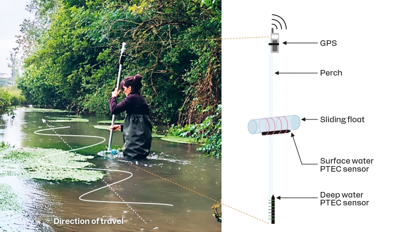 Double temperature measurements, at the surface and at depth, along the Argens river (Provence Verte) reveal the thermal anomalies caused by the inflow of groundwater at the bottom of the watercourse. © BRGM