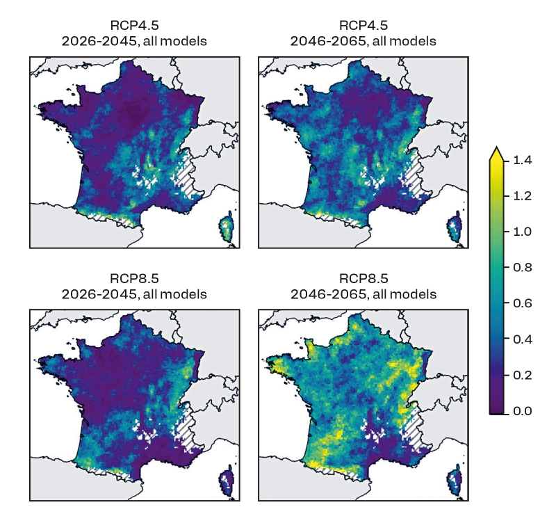 Regardless of the climate scenario adopted, projections show that the frequency and intensity of droughts leading to clay shrinkage and swelling are set to increase. © BRGM