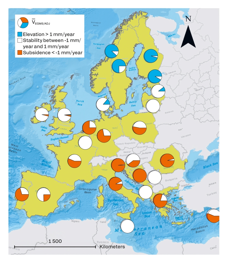 The red, white and blue diagrams indicate the proportion of the CFP zone in each country and whether, on average, it is rising (> 1 mm/year), stable (between -1 mm/year and 1 mm/year) or subsiding (< -1 mm/year). ©    BRGM