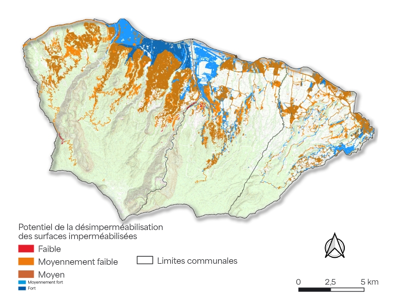 Cartographie 2025 des surfaces de la communauté intercommunale du nord de La&nbsp;Réunion (Cinor) potentiellement désimperméabilisables. © BRGM
