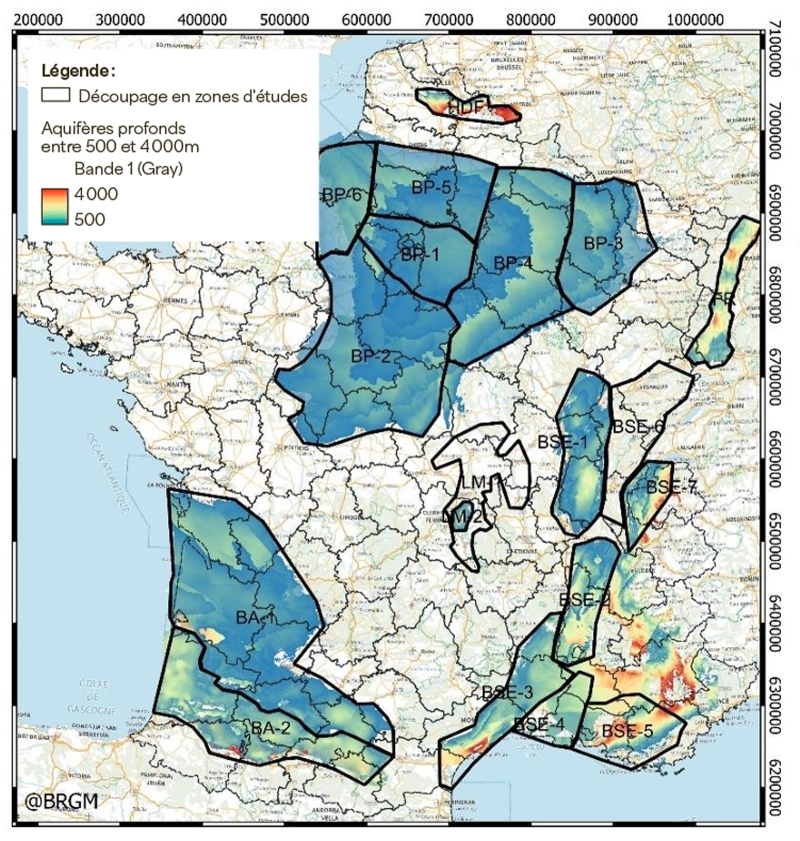 Les bassins sédimentaires de l’Hexagone ont été découpés en zones d’étude pour les besoins de l’inventaire géothermique national. ©&nbsp;BRGM