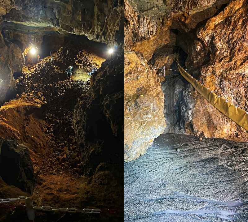 A view of the interior of the main chamber of the mine in Le Pradal, before (left) and&nbsp;during (right) its infilling with&nbsp;concrete. ©&nbsp;IGECAV