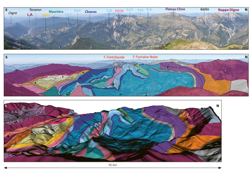 3D model of the Barles half-window and Digne aquifer, produced as part of a PhD thesis by Agathe Faure – the Alps project for the French geological reference platform and&nbsp;the&nbsp;national geological nature reserve of Haute Provence. A comparison between the&nbsp;geological map derived from the 3D geological model and overlaid onto&nbsp;the&nbsp;topography (bottom) and an interpretative view of the landscape (centre). © BRGM