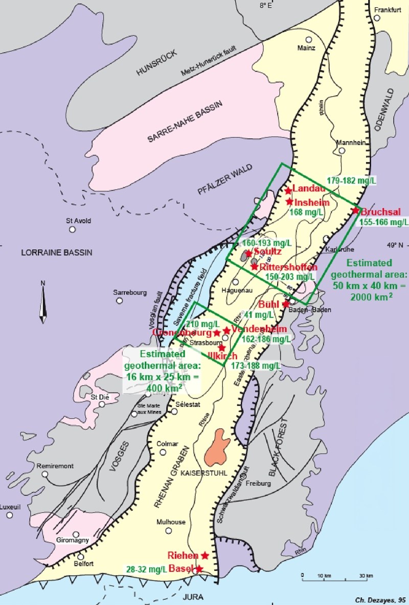Map showing current lithium concentrations in deep geothermal brines in the Upper Rhine Graben (in green) and the areas selected for estimating potential geothermal resources in lithium (green boxes), taken from an article published in Geothermics (B. Sanjuan et al.). ©&nbsp;brgm