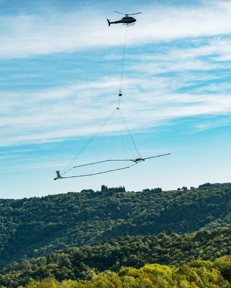 Geophysical data are collected primarily through airborne surveys like this one in the Massif Central. ©&nbsp;Alexandre Magnan