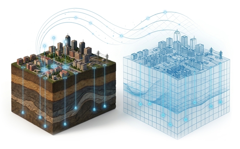 Graphic representation of a digital twin of an area, combining both surface and subsurface information. On the left, the real world; on&nbsp;the&nbsp;right, its digital twin. © BRGM