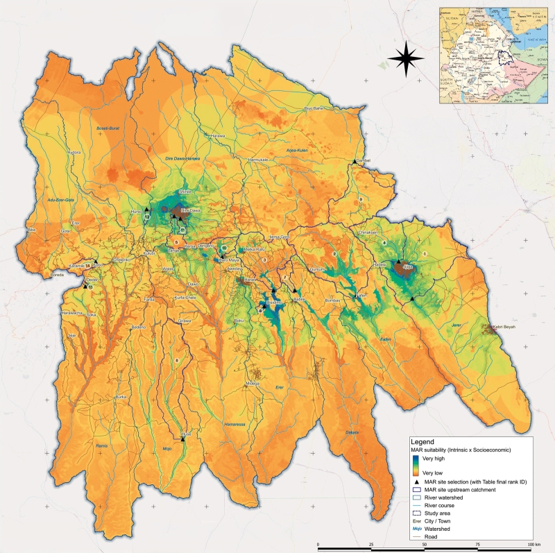 Map of the region around Dire Dawa and Jijiga in eastern Ethiopia, showing the suitability of the land for managed aquifer recharge. ©&nbsp;brgm