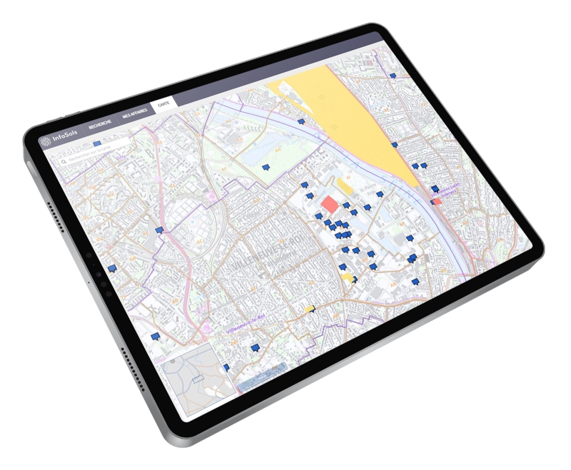 The map of the sites entered into the system, located right down to&nbsp;the&nbsp;cadastral scale, is&nbsp;one of&nbsp;the functionalities provided by&nbsp;the InfoSols platform. © BRGM