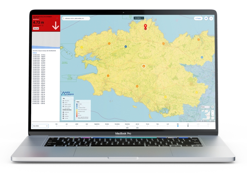Clicking on a piezometer in MétéEAU Nappes such as the one shown here, located in the commune of La Roche-Jaudy (Côtes-d’Armor), displays the groundwater level in real time and its recent trends. © BRGM